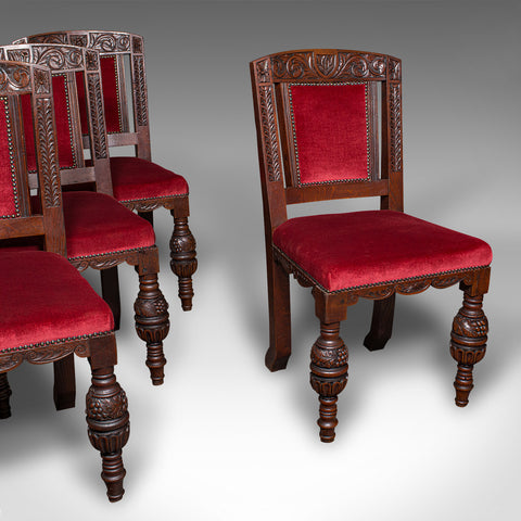 Set of 4 Antique Dining Chairs, Scottish, Oak, Gothic Revival, Victorian, C.1880