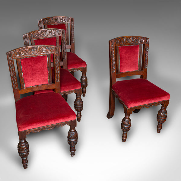 Set of 4 Antique Dining Chairs, Scottish, Oak, Gothic Revival, Victorian, C.1880