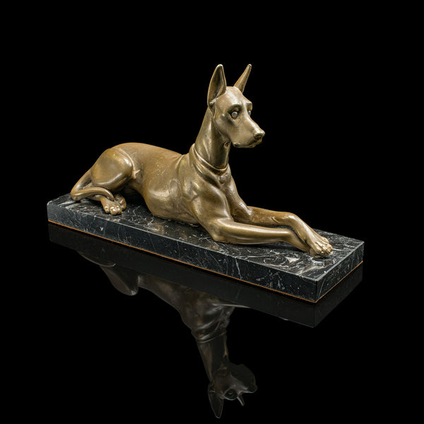 Vintage Great Dane Figure, English, Brass, Dog Statue, Marble, Art Deco, C.1930