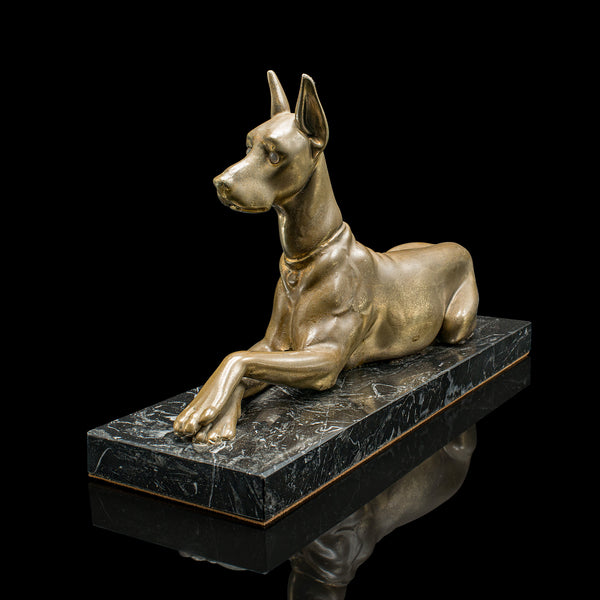 Vintage Great Dane Figure, English, Brass, Dog Statue, Marble, Art Deco, C.1930