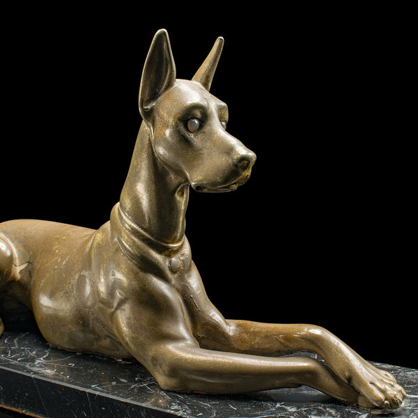 Vintage Great Dane Figure, English, Brass, Dog Statue, Marble, Art Deco, C.1930