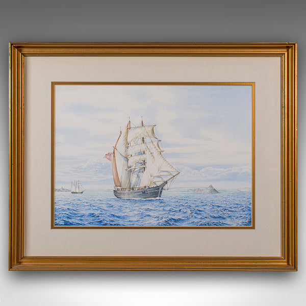 Vintage Ship Painting, English, Framed Maritime Art, Watercolour, Nautical Scene