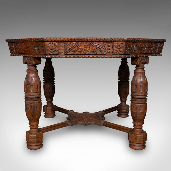 Antique Octagonal Centre Table, Scottish Oak, 4 Seat, Gothic Revival, Victorian