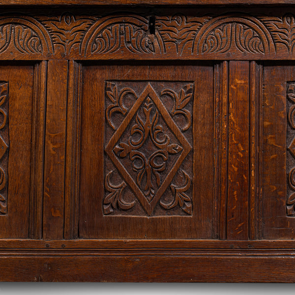 Large Antique Coffer, English, Oak Storage Trunk, Linen Chest, William III, 1700