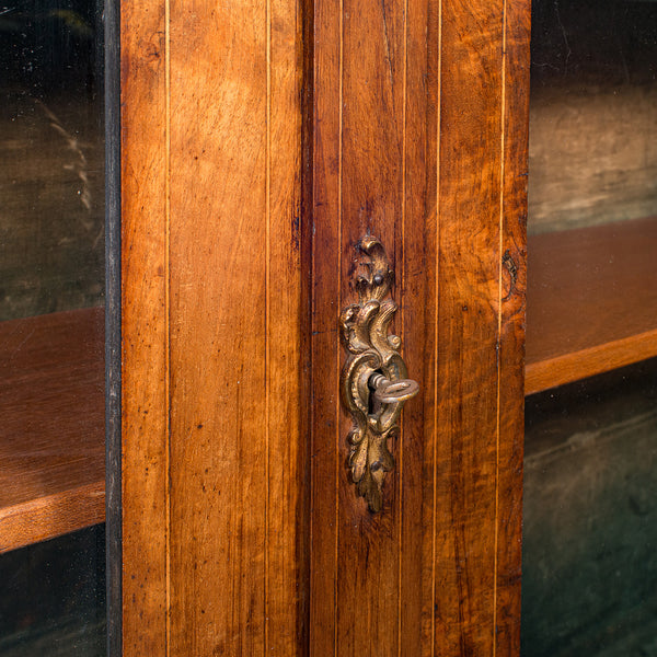 Antique Twin Pier Cabinet, English, Walnut, Boxwood, Glazed Bookcase, Regency