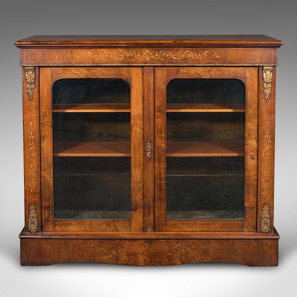 Antique Twin Pier Cabinet, English, Walnut, Boxwood, Glazed Bookcase, Regency