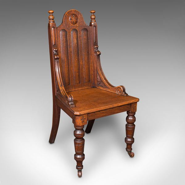 Antique Gothic Revival Hall Chair, Scottish Oak, Reception Seat, Victorian, 1870