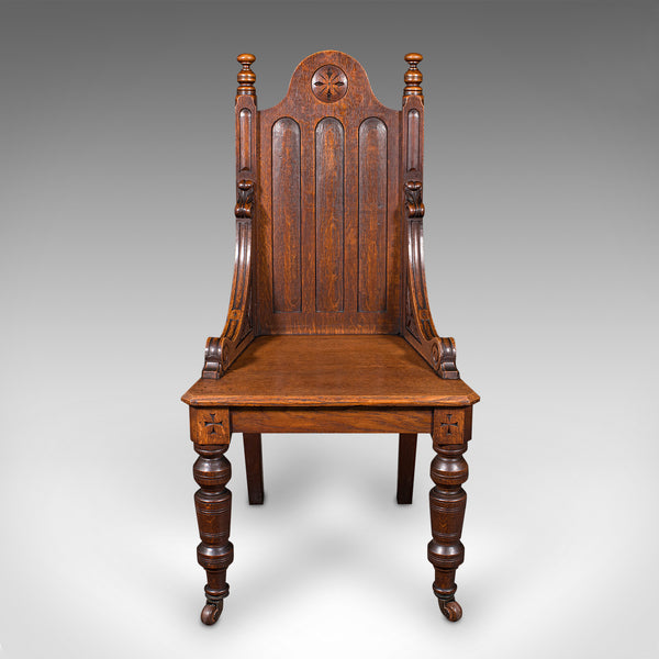 Antique Gothic Revival Hall Chair, Scottish Oak, Reception Seat, Victorian, 1870