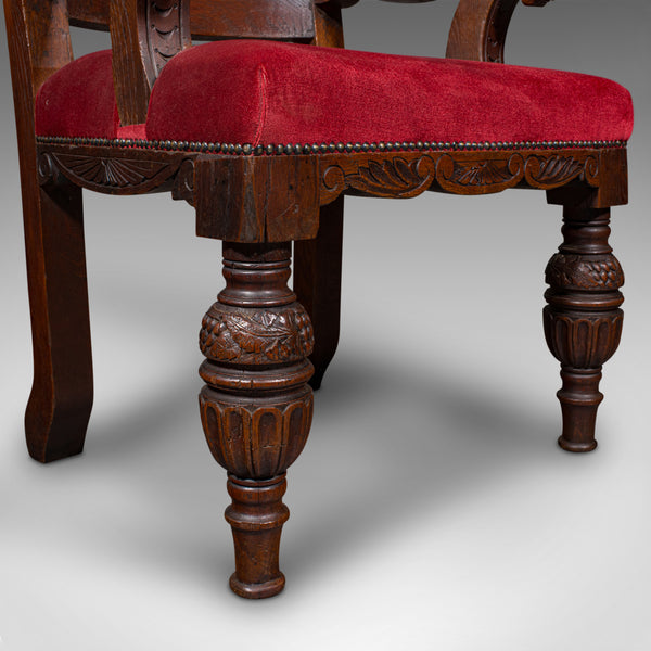 Antique Morning Room Elbow Chair, Scottish, Oak, Gothic Revival Seat, Victorian