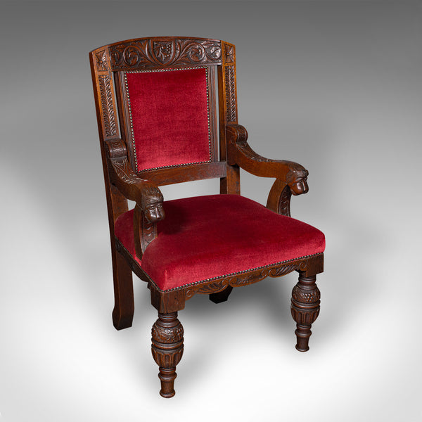 Antique Morning Room Elbow Chair, Scottish, Oak, Gothic Revival Seat, Victorian