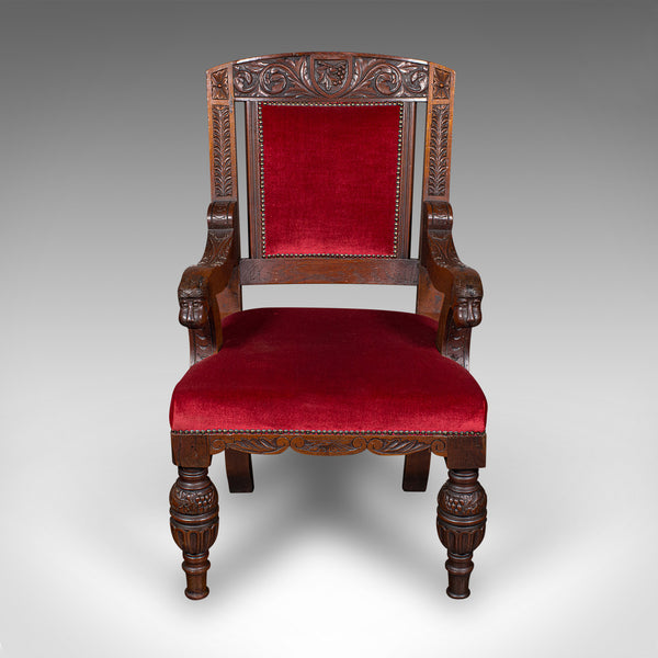 Antique Morning Room Elbow Chair, Scottish, Oak, Gothic Revival Seat, Victorian