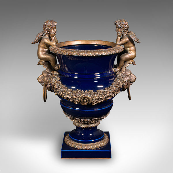 Antique Putti Jardiniere Urn, Italian, Gilt, Ceramic, Planter, Vase, Victorian