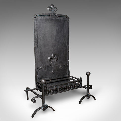 Antique Open Hearth Fireplace, English, Fire Basket, Andirons, Victorian, C.1900