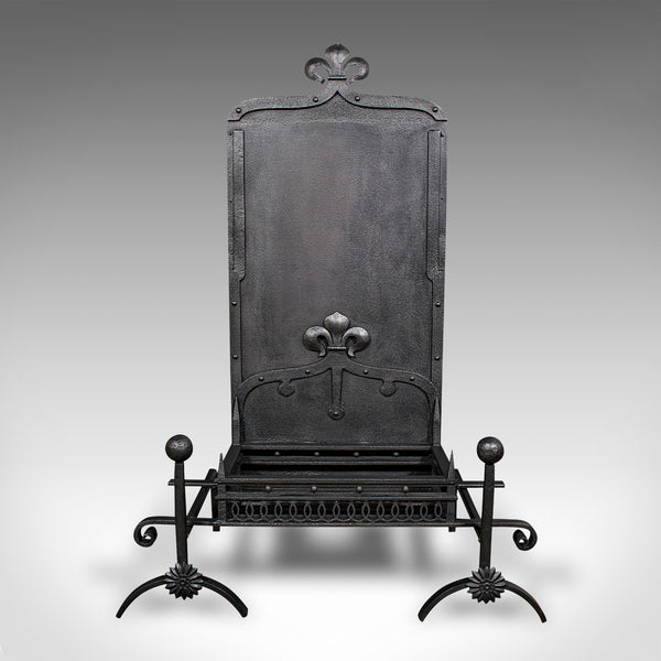 Antique Open Hearth Fireplace, English, Fire Basket, Andirons, Victorian, C.1900