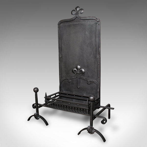 Antique Open Hearth Fireplace, English, Fire Basket, Andirons, Victorian, C.1900