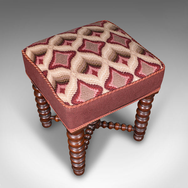 Antique Upholstered Footstool, English, Fireside, Lounge Stool, Victorian, 1850