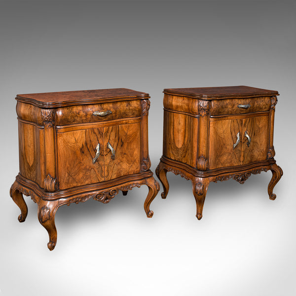 Pair Of Vintage Bedside Cabinets, Italian, Walnut, Bedroom Nightstand, Rococo