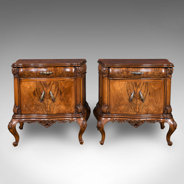 Pair Of Vintage Bedside Cabinets, Italian, Walnut, Bedroom Nightstand, Rococo