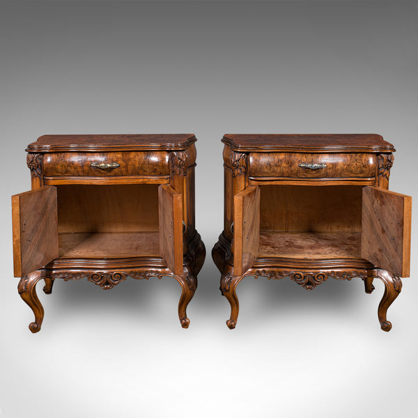 Pair Of Vintage Bedside Cabinets, Italian, Walnut, Bedroom Nightstand, Rococo