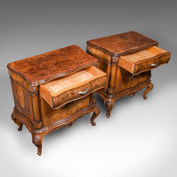 Pair Of Vintage Bedside Cabinets, Italian, Walnut, Bedroom Nightstand, Rococo