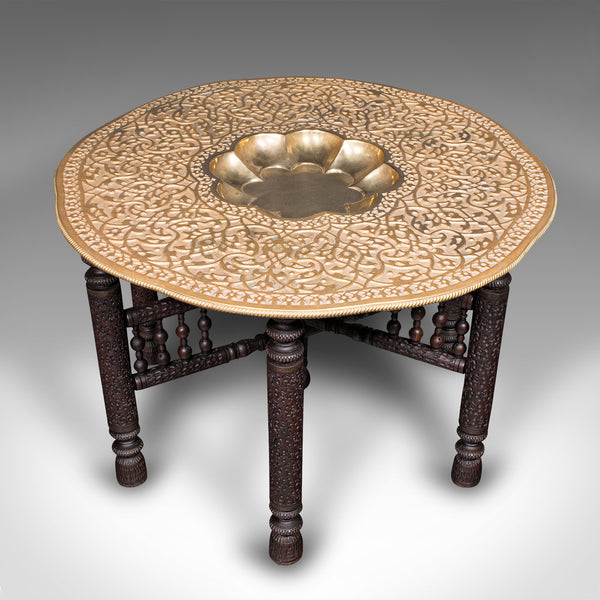 Large Antique Berber Tea Table, Middle East, Brass, Teak, Campaign, Circa 1920