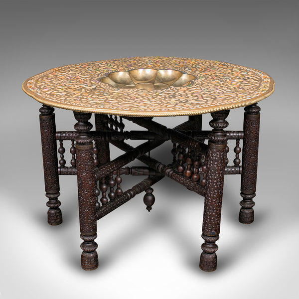 Large Antique Berber Tea Table, Middle East, Brass, Teak, Campaign, Circa 1920