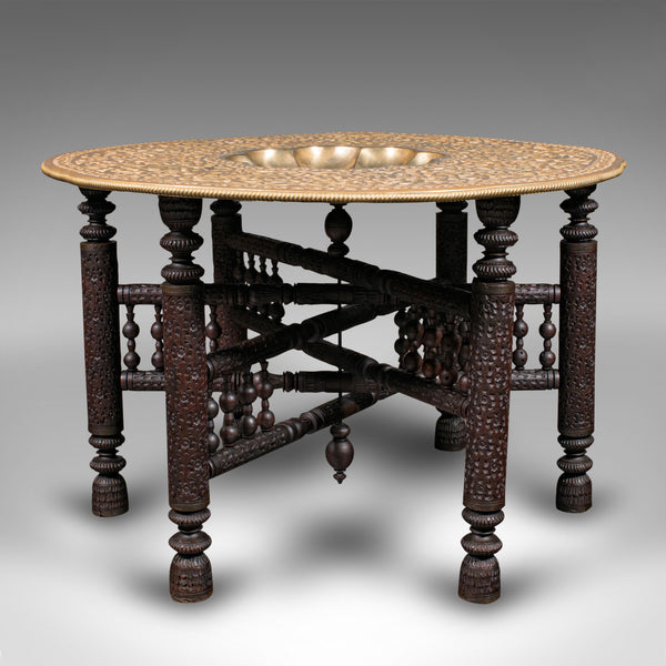 Large Antique Berber Tea Table, Middle East, Brass, Teak, Campaign, Circa 1920