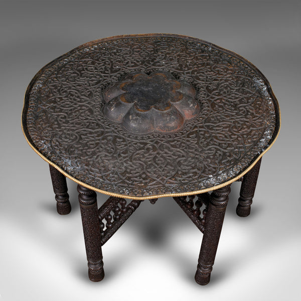 Large Antique Berber Tea Table, Middle East, Brass, Teak, Campaign, Circa 1920