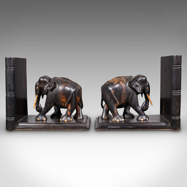 Pair Antique Elephant Bookends, Indian, Coromandel, Novel, Book Rest, Victorian