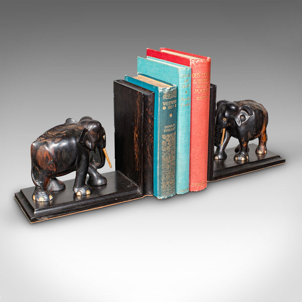 Pair Antique Elephant Bookends, Indian, Coromandel, Novel, Book Rest, Victorian