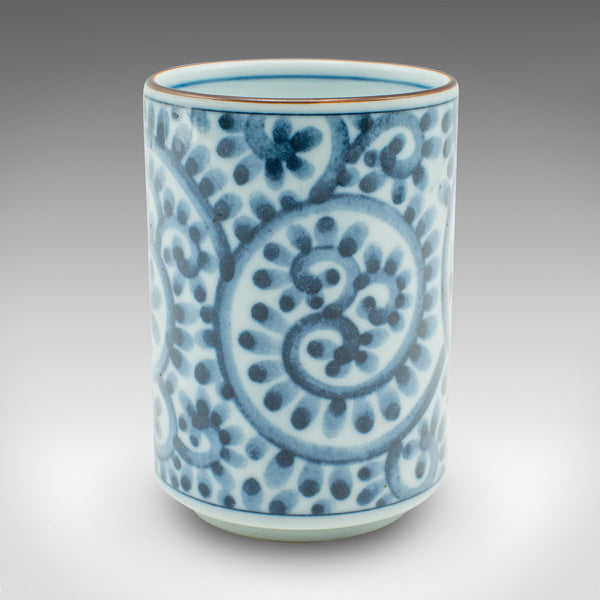 Small Vintage Blue & White Brush Pot, Chinese, Ceramic, Flower Vase, Circa 1980