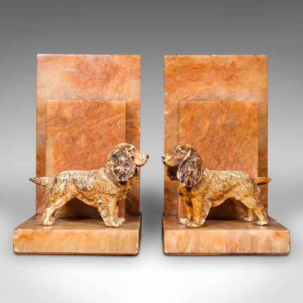 Pair Of Vintage Springer Spaniel Bookends, English, Marble, Book Rest, Art Deco