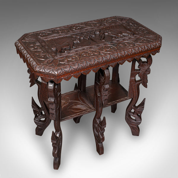 Antique Carved Side Table, Indian, Teak, Lamp, Side, Tray, Occasional, Victorian