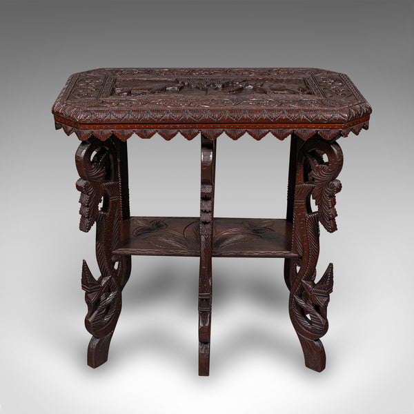 Antique Carved Side Table, Indian, Teak, Lamp, Side, Tray, Occasional, Victorian