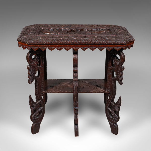 Antique Carved Side Table, Indian, Teak, Lamp, Side, Tray, Occasional, Victorian