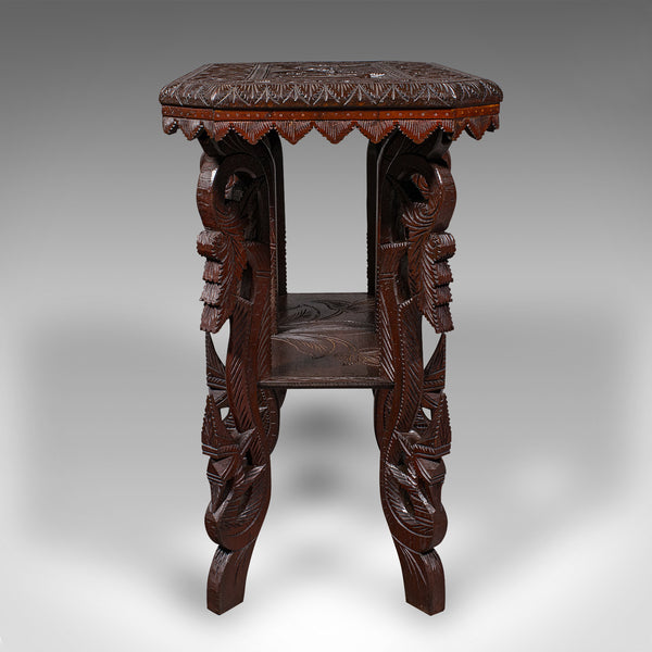 Antique Carved Side Table, Indian, Teak, Lamp, Side, Tray, Occasional, Victorian