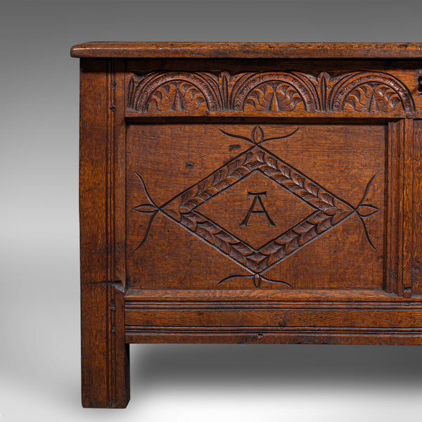 Antique Carved Coffer, English, Oak, Linen Chest, Window Seat, William III, 1700