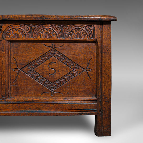 Antique Carved Coffer, English, Oak, Linen Chest, Window Seat, William III, 1700