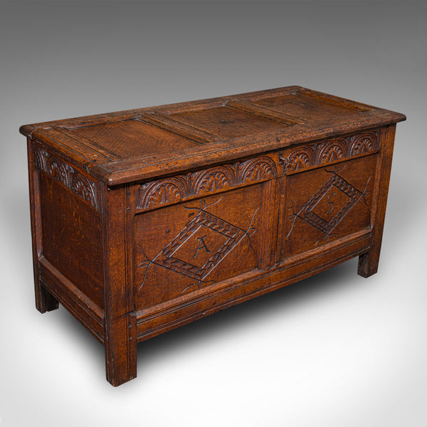 Antique Carved Coffer, English, Oak, Linen Chest, Window Seat, William III, 1700