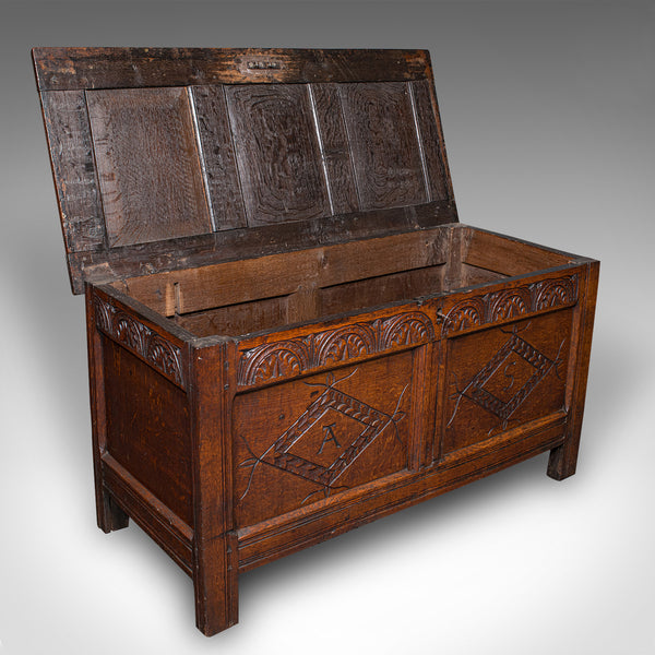 Antique Carved Coffer, English, Oak, Linen Chest, Window Seat, William III, 1700