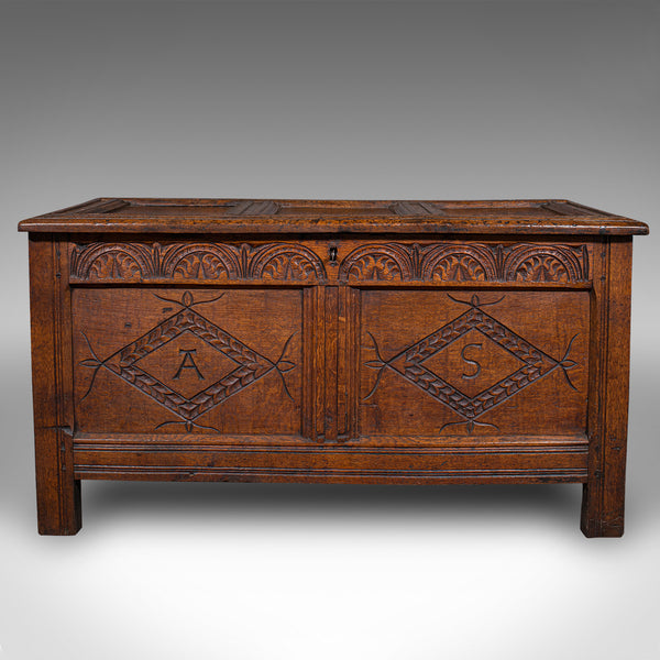 Antique Carved Coffer, English, Oak, Linen Chest, Window Seat, William III, 1700