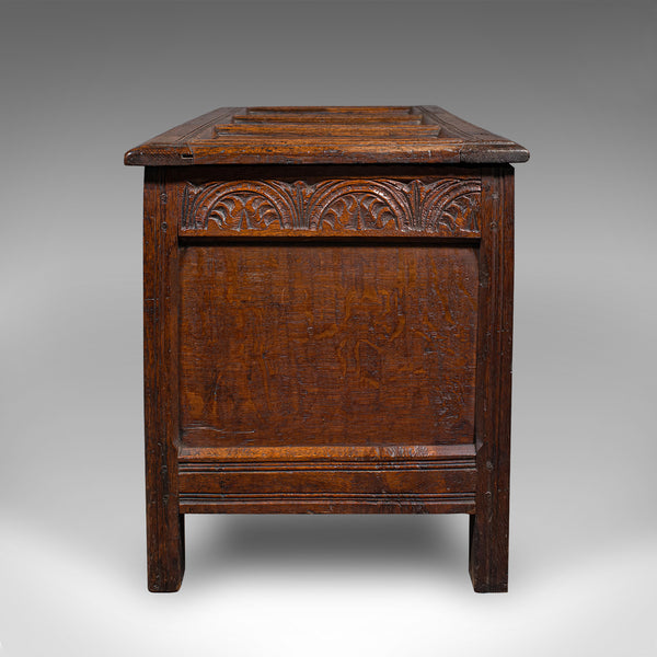 Antique Carved Coffer, English, Oak, Linen Chest, Window Seat, William III, 1700