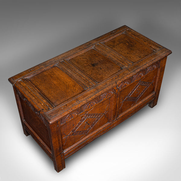 Antique Carved Coffer, English, Oak, Linen Chest, Window Seat, William III, 1700