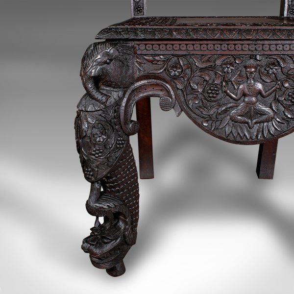 Antique Carved Veranda Chair, Ceylonese, Teak, Ornate Seat, Victorian, C.1880