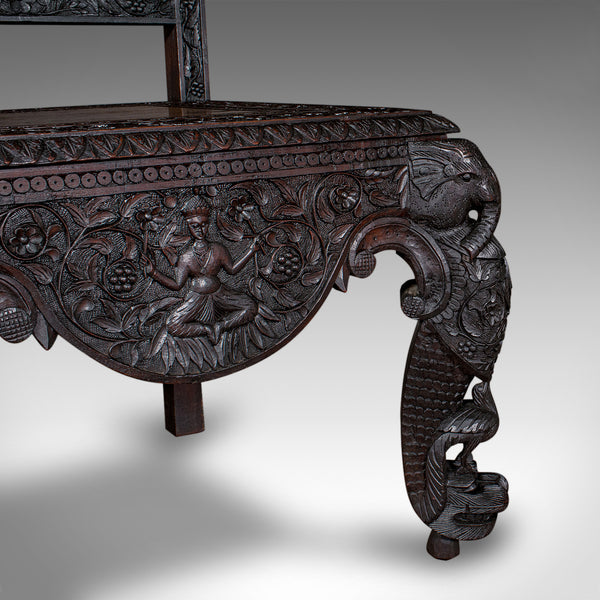 Antique Carved Veranda Chair, Ceylonese, Teak, Ornate Seat, Victorian, C.1880