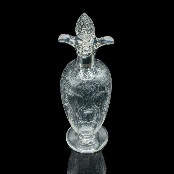 Antique Pouring Decanter, English Glass, Hallmark Silver, Art Nouveau, Edwardian