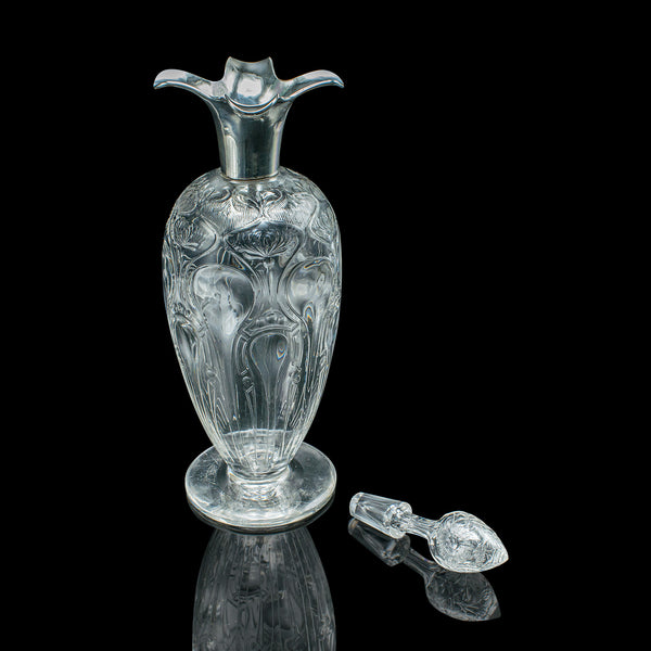 Antique Pouring Decanter, English Glass, Hallmark Silver, Art Nouveau, Edwardian