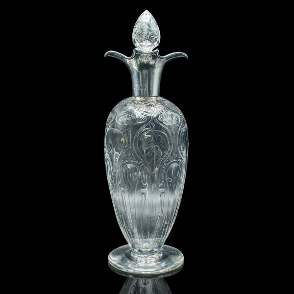 Antique Pouring Decanter, English Glass, Hallmark Silver, Art Nouveau, Edwardian