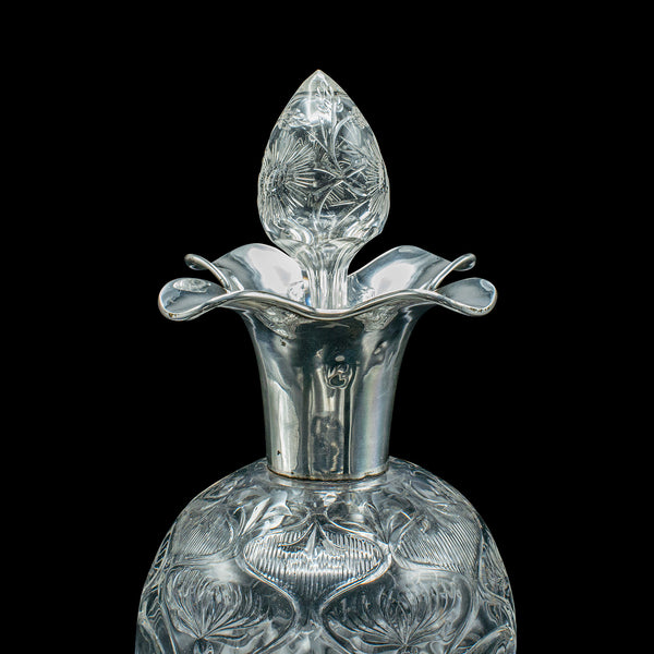 Antique Pouring Decanter, English Glass, Hallmark Silver, Art Nouveau, Edwardian