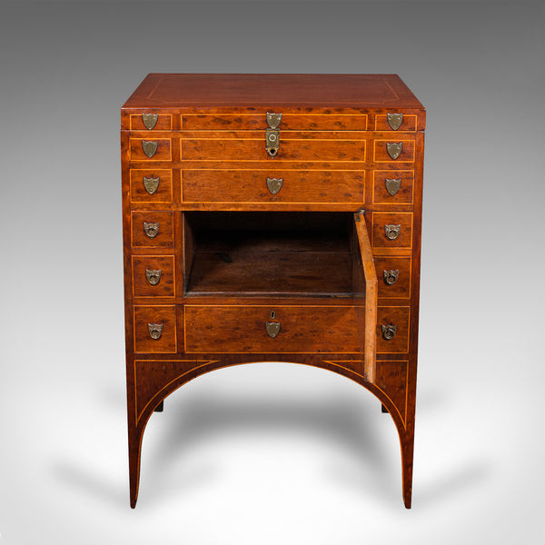 Antique Drawing Room Show Cabinet, English, Burr Walnut, Chest on Stand, Regency